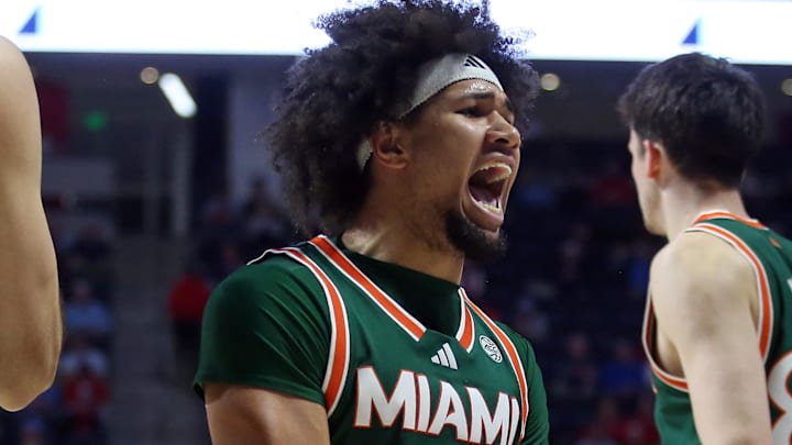 Dec 2, 2025; Oxford, Mississippi, USA; Miami Hurricanes guard Tre Donaldson (3) reacts during the second half against the Mississippi Rebels at The Sandy and John Black Pavilion at Ole Miss. Mandatory Credit: Petre Thomas-Imagn Images