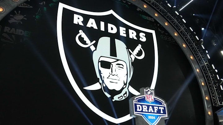 Apr 25, 2024; Detroit, MI, USA; A Las Vegas Raiders logo at the 2024 NFL Draft at Campus Martius Park and Hart Plaza. Mandatory Credit: Kirby Lee-Imagn Images