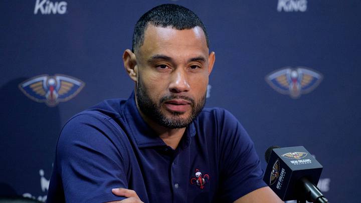 Oct 2, 2023; New Orleans, LA, USA; New Orleans Pelicans general manager Trajan Langdon speaks during Media Day at the Smoothie King Center. Mandatory Credit: Matthew Hinton-USA TODAY Sports