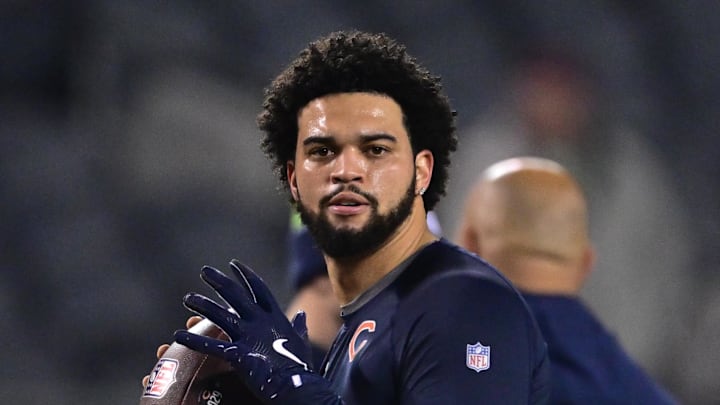 Dec 26, 2024; Chicago, Illinois, USA; Chicago Bears quarterback Caleb Williams (18) warms up before the game against the Seattle Seahawks at Soldier Field. Mandatory Credit: Daniel Bartel-Imagn Images