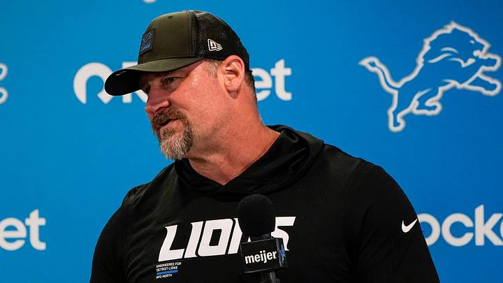 Detroit Lions head coach Dan Campbell answers a question before OTAs at team's Allen Park Performance Center