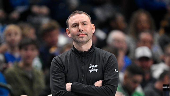 Jan 14, 2026; Dallas, Texas, USA; Denver Nuggets head coach David Adelman looks on during the game against the Dallas Mavericks at the American Airlines Center. Mandatory Credit: Jerome Miron-Imagn Images