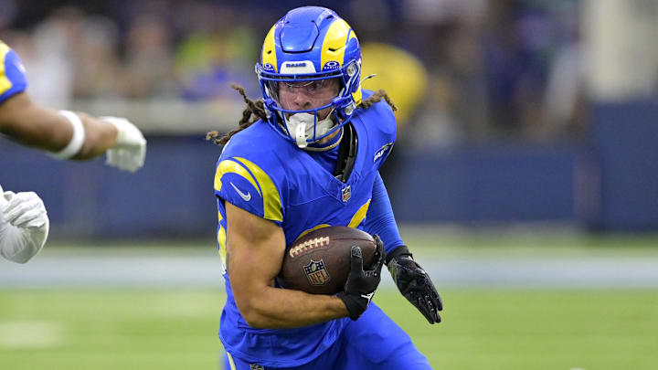 Jan 5, 2025; Inglewood, California, USA; Los Angeles Rams wide receiver Jordan Whittington (88) runs for 12 yards and a first down in the first half against the Seattle Seahawks at SoFi Stadium. Mandatory Credit: Jayne Kamin-Oncea-Imagn Images