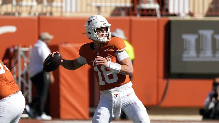 Texas Longhorns quarterback Arch Manning (16) throws a pass during the first half against the Florida Gators at Darrell K Royal-Texas Memorial Stadium. Texas Longhorns quarterback Arch Manning (16) throws a pass during the first half against the Florida Gators at Darrell K Royal-Texas Memorial Stadium.