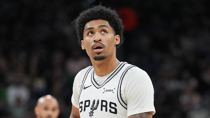 Mar 10, 2026; San Antonio, Texas, USA;  San Antonio Spurs guard Dylan Harper (2) looks on during the second half against the Boston Celtics at Frost Bank Center. Mandatory Credit: Daniel Dunn-Imagn Images