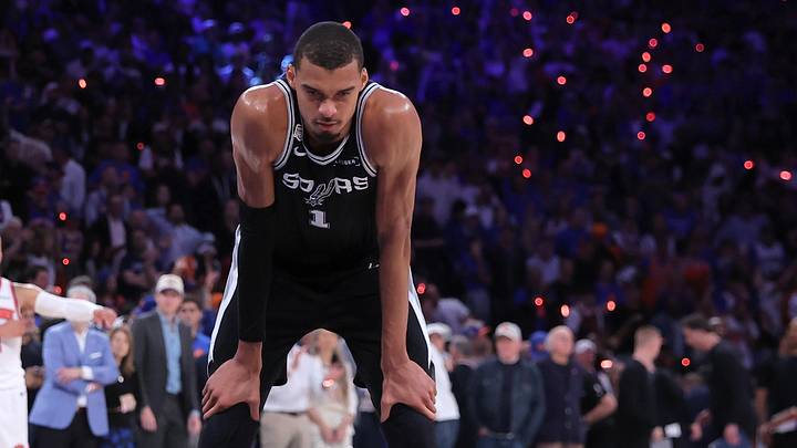 Jun 10, 2026; New York, New York, USA; San Antonio Spurs forward Victor Wembanyama (1) reacts in the fourth quarter against the New York Knicks during Game 4 of the 2026 NBA Finals at Madison Square Garden. Jun 10, 2026; New York, New York, USA; San Antonio Spurs forward Victor Wembanyama (1) reacts in the fourth quarter against the New York Knicks during Game 4 of the 2026 NBA Finals at Madison Square Garden.