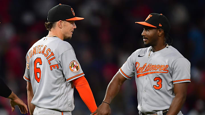 Sep 4, 2023; Anaheim, California, USA; Baltimore Orioles relief pitcher Yennier Cano (78) first baseman Ryan Mountcastle (6) and shortstop Jorge Mateo (3) celebrate the victory against the Los Angeles Angels at Angel Stadium.