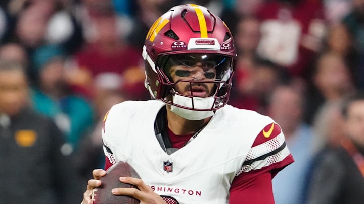 Nov 16, 2025; Madrid, Spain; Washington Commanders quarterback Marcus Mariota (8) Mandatory Credit: Kirby Lee-Imagn Images