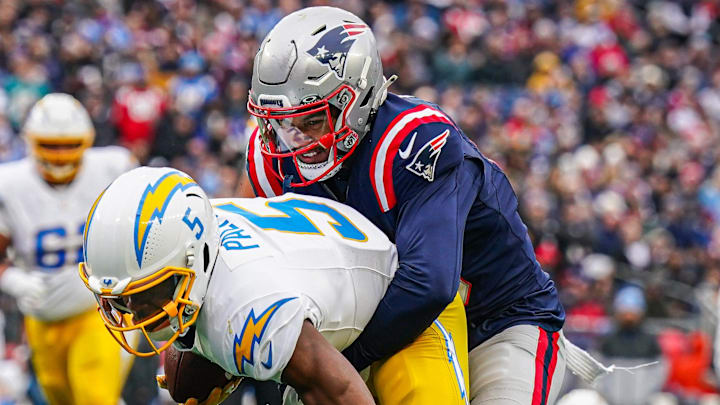 Dec 28, 2024; Foxborough, Massachusetts, USA; New England Patriots safety Marte Mapu (15) defends against Los Angeles Chargers wide receiver Joshua Palmer (5) in the first half at Gillette Stadium. Mandatory Credit: David Butler II-Imagn Images