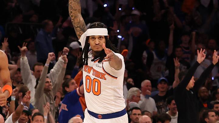 Jun 8, 2026; New York, New York, USA; New York Knicks guard Jordan Clarkson (00) reacts after making a three point basket against the San Antonio Spurs during game three of the 2026 NBA Finals at Madison Square Garden. Mandatory Credit: Geoff Burke-Imagn Images