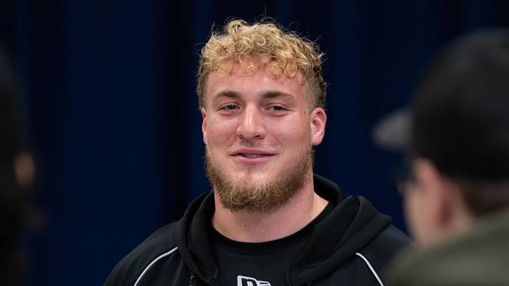 Feb 28, 2026; Indianapolis, IN, USA; UCLA offensive lineman Garrett Digiorgio (OL19) speaks to members of the media during the NFL Combine at the Indiana Convention Center. Mandatory Credit: Jacob Musselman-Imagn Images