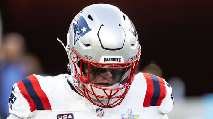 Feb 8, 2026; Santa Clara, CA, USA; New England Patriots offensive tackle Will Campbell (66) against the Seattle Seahawks during Super Bowl LX at Levi's Stadium. Mandatory Credit: Mark J. Rebilas-Imagn Images