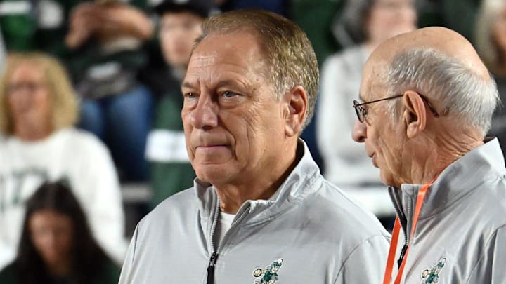 Michigan State coach Tom Izzo talks with his former Iron Mountain High School coach Gordy LeDuc before the start of the Superior Dome Showdown against NMU in the Superior Dome on Sunday, Oct. 13, 2024, in Marquette. LeDuc was named an honorary MSU coach for the day and was on the bench with the Spartans. Michigan State coach Tom Izzo talks with his former Iron Mountain High School coach Gordy LeDuc before the start of the Superior Dome Showdown against NMU in the Superior Dome on Sunday, Oct. 13, 2024, in Marquette. LeDuc was named an honorary MSU coach for the day and was on the bench with the Spartans.