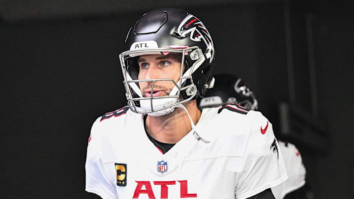Dec 8, 2024; Minneapolis, Minnesota, USA; Atlanta Falcons quarterback Kirk Cousins (18) enters the field before the game against the Minnesota Vikings at U.S. Bank Stadium. Mandatory Credit: Jeffrey Becker-Imagn Images