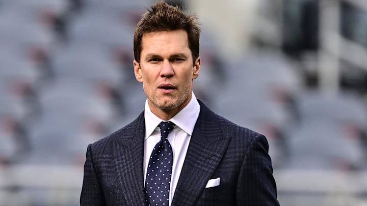 Nov 17, 2024; Chicago, Illinois, USA; Former quarterback and current NFL announcer Tom Brady looks on before the game between the Chicago Bears and Green Bay Packers at Soldier Field. Mandatory Credit: Daniel Bartel-Imagn Images