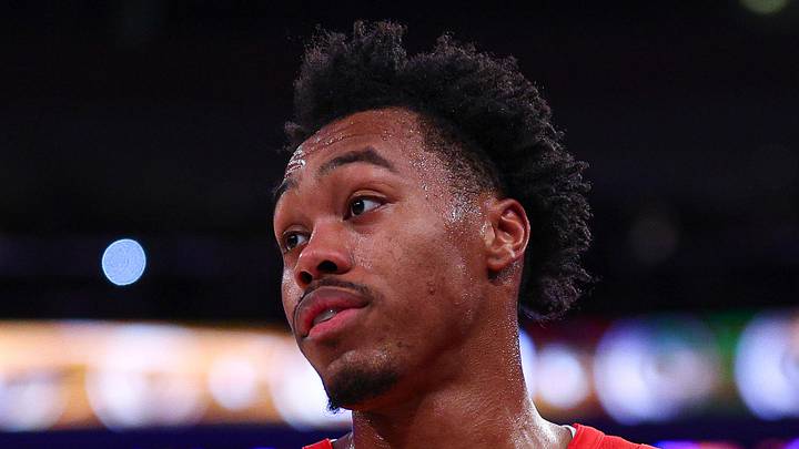 Oct 15, 2026; New York, New York, USA;  Toronto Raptors small forward Scottie Barnes (4) reacts during the first half against the New York Knicks at Madison Square Garden.  Mandatory Credit: Vincent Carchietta-Imagn Images
