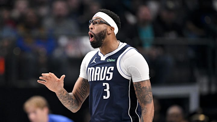 Dec 12, 2025; Dallas, Texas, USA; Dallas Mavericks forward Anthony Davis (3) reacts to a foul call during the first quarter against the Brooklyn Nets at the American Airlines Center. Mandatory Credit: Jerome Miron-Imagn Images