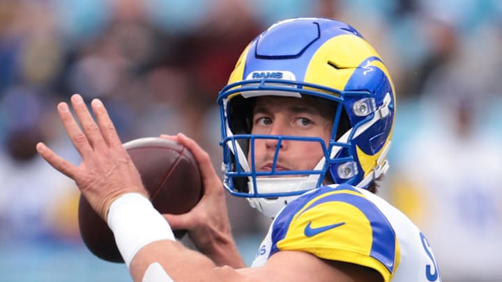 Nov 30, 2025; Charlotte, North Carolina, USA; Los Angeles Rams quarterback Matthew Stafford (9) warms up before the game against the Carolina Panthers at Bank of America Stadium. Mandatory Credit: Scott Kinser-Imagn Images