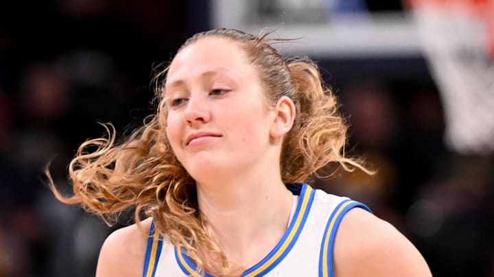 Mar 8, 2026; Indianapolis, IN, USA; UCLA Bruins guard Gianna Kneepkens (8) reacts after a play against the Iowa Hawkeyes during the first half at Gainbridge Fieldhouse. Mandatory Credit: Robert Goddin-Imagn Images