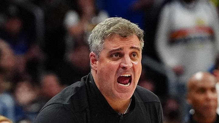 Minnesota Timberwolves assistant coach Micah Nori reacts in the second half against the Denver Nuggets during game one of the second round for the 2024 NBA playoffs at Ball Arena. Mandatory Credit: Ron Chenoy-Imagn Images