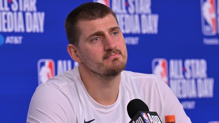 Feb 14, 2026; Los Angeles, CA, USA; Team World center Nikola Jokic (15) of the Denver Nuggets during a news conference for the NBA All Star game at Intuit Dome. Mandatory Credit: Jayne Kamin-Oncea-Imagn Images