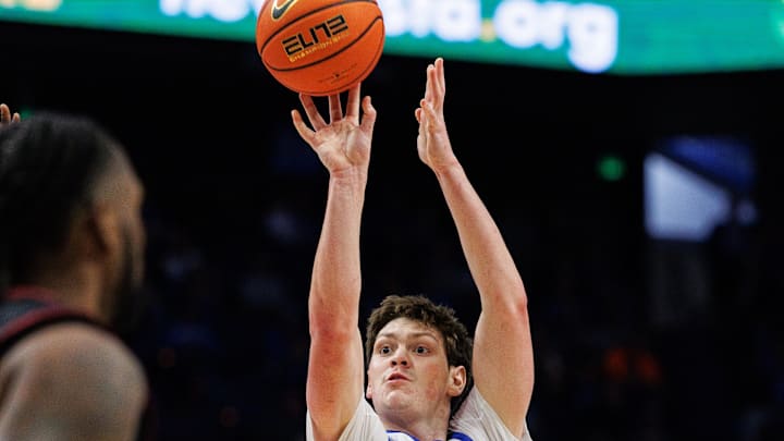 Dec 9, 2025; Lexington, Kentucky, USA; Kentucky Wildcats forward Trent Noah (9) shoots the ball during the second half against the North Carolina Central Eagles at Rupp Arena at Central Bank Center. Mandatory Credit: Jordan Prather-Imagn Images