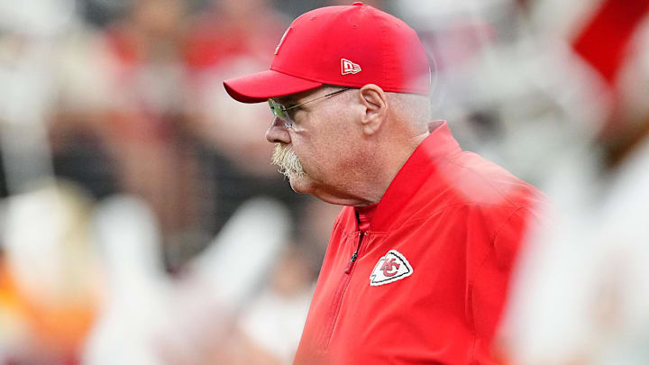 Jan 4, 2026; Paradise, Nevada, USA; Kansas City Chiefs head coach Andy Reid observes warm-ups before a game against the Las Vegas Raiders at Allegiant Stadium. Jan 4, 2026; Paradise, Nevada, USA; Kansas City Chiefs head coach Andy Reid observes warm-ups before a game against the Las Vegas Raiders at Allegiant Stadium.