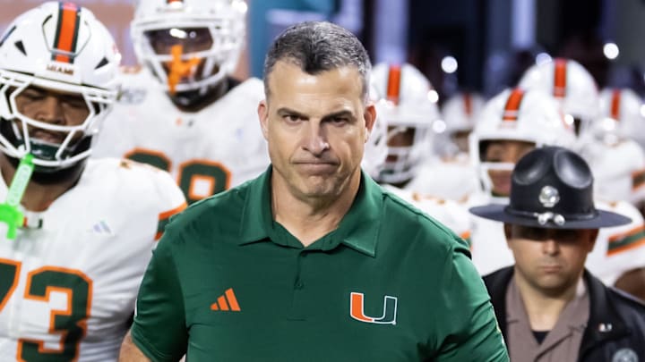 Jan 19, 2026; Miami Gardens, FL, USA; Miami Hurricanes head coach Mario Cristobal against the Indiana Hoosiers during the College Football Playoff National Championship game at Hard Rock Stadium. Mandatory Credit: Mark J. Rebilas-Imagn Images