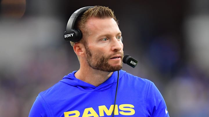 Jan 4, 2026; Inglewood, California, USA;  Los Angeles Rams head coach Sean McVay stands on the sidelines against the Arizona Cardinals during the first half at SoFi Stadium. 