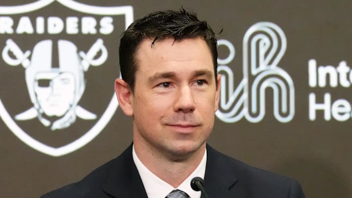 Feb 10, 2026; Henderson, NV, USA; Las Vegas Raiders coach Klint Kubiak speaks at introductory press conference at Intermountain Health Performance Center. Mandatory Credit: Kirby Lee-Imagn Images
