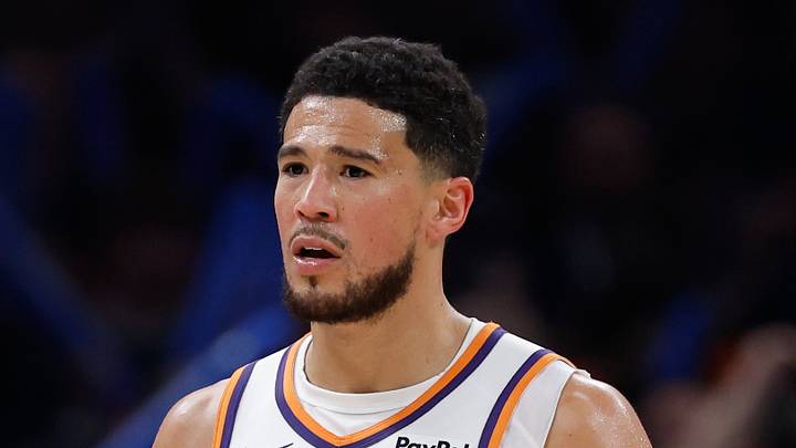 Phoenix Suns guard Devin Booker reacts after receiving a technical foul after a play against the Oklahoma City Thunder in the second half during Game 2 of the first round of the 2026 NBA Playoffs at Paycom Center on April 22, 2026.