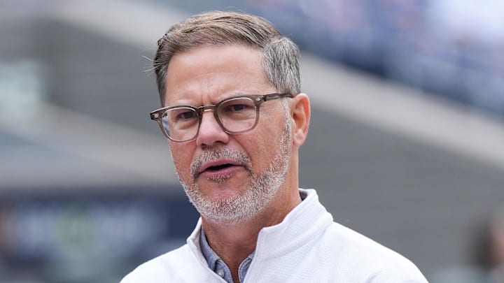 Oct 13, 2025; Toronto, Ontario, CAN; Toronto Blue Jays general manager Ross Atkins talks with the media during batting practice between the Toronto Blue Jays and Seattle Mariners before game two of the ALCS round for the 2025 MLB playoffs at Rogers Centre.