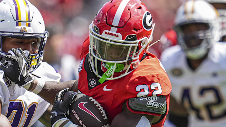 Sep 7, 2024; Athens, Georgia, USA; Georgia Bulldogs running back Branson Robinson (22) runs against Tennessee Tech Golden Eagles defensive lineman Idris King (91) during the first half at Sanford Stadium. Mandatory Credit: Dale Zanine-Imagn Images
