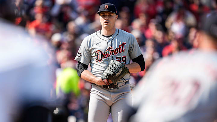 Detroit Tigers pitcher Tarik Skubal (29) looks towards first base during the first inning against Cleveland Guardians at Game 5 of ALDS at Progressive Field in Cleveland, Ohio on Saturday, Oct. 12, 2024.