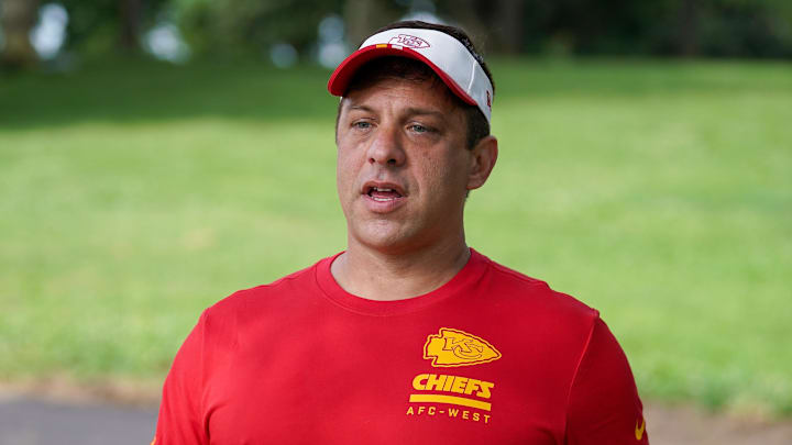 Jul 22, 2025; St. Joseph, MO, USA; Kansas City Chiefs general manager Brett Veach walks down the hill to the fields during training camp at Missouri Western State University. Mandatory Credit: Denny Medley-Imagn Images
