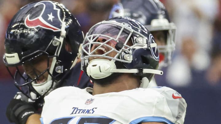 Tennessee Titans defensive tackle Jeffery Simmons reacts after getting a sack against the Houston Texans
