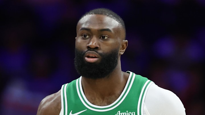 Apr 30, 2026; Philadelphia, Pennsylvania, USA; Boston Celtics guard Jaylen Brown (7) dribbles the ball against the Philadelphia 76ers during the first quarter at Xfinity Mobile Arena. Mandatory Credit: Bill Streicher-Imagn Images