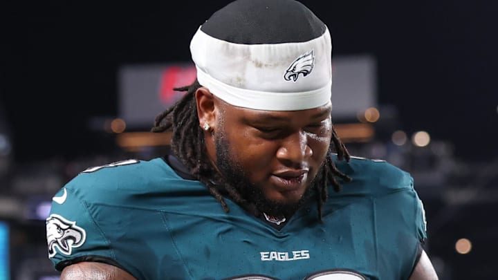 Sep 4, 2025; Philadelphia, Pennsylvania, USA; Philadelphia Eagles defensive tackle Jalen Carter (98) walks off the field after being ejected during the first quarter of the game against the Dallas Cowboys at Lincoln Financial Field. Mandatory Credit: Bill Streicher-Imagn Images