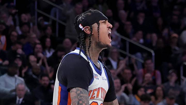 Mar 15, 2026; New York, New York, USA; New York Knicks guard Jordan Clarkson (00) reacts during the fourth quarter against the Golden State Warriors at Madison Square Garden. Mandatory Credit: Brad Penner-Imagn Images