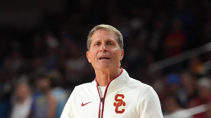 Mar 7, 2026; Los Angeles, California, USA; Southern California Trojans head coach Eric Musselman reacts against the UCLA Bruins at the Galen Center. Mandatory Credit: Kirby Lee-Imagn Images