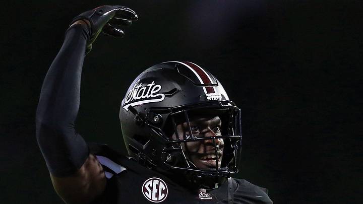Sep 6, 2025; Starkville, Mississippi, USA; Mississippi State Bulldogs defensive back Kelley Jones (1) reacts during the second quarter against the Arizona State Sun Devils at Davis Wade Stadium at Scott Field. Mandatory Credit: Petre Thomas-Imagn Images Sep 6, 2025; Starkville, Mississippi, USA; Mississippi State Bulldogs defensive back Kelley Jones (1) reacts during the second quarter against the Arizona State Sun Devils at Davis Wade Stadium at Scott Field. Mandatory Credit: Petre Thomas-Imagn Images