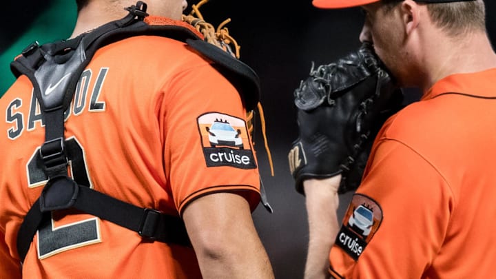 Sep 29, 2023; San Francisco, California, USA; San Francisco Giants catcher Blake Sabol (2) and starting pitcher Keaton Winn (67) talk before the pitch against the Los Angeles Dodgers during the fifth inning at Oracle Park. Mandatory Credit: John Hefti-Imagn Images