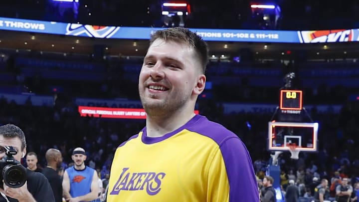Apr 6, 2025; Oklahoma City, Oklahoma, USA; Los Angeles Lakers guard Luka Doncic (77) runs off the court after his team beat the Oklahoma City Thunder during the second half at Paycom Center. Mandatory Credit: Alonzo Adams-Imagn Images