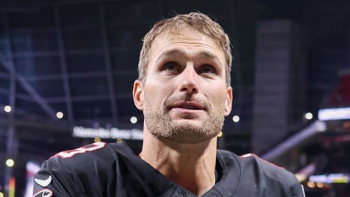 Dec 29, 2025; Atlanta, Georgia, USA; Atlanta Falcons quarterback Kirk Cousins (18) celebrates after a victory over the Los Angeles Rams at Mercedes-Benz Stadium. Mandatory Credit: Brett Davis-Imagn Images
