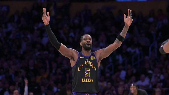 Apr 21, 2026; Los Angeles, California, USA; Los Angeles Lakers center Deandre Ayton (5) reacts on the court after a three-point basket by guard Marcus Smart (36) in the first half of game two of the first round of the 2026 NBA Playoffs against the Houston Rockets at Crypto.com Arena. Mandatory Credit: Jayne Kamin-Oncea-Imagn Images