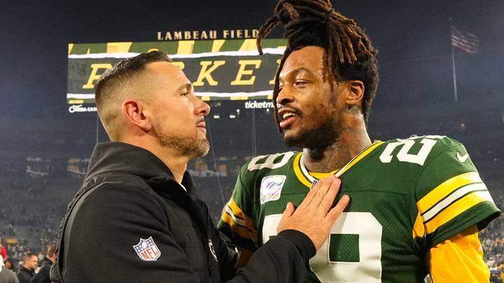 Green Bay Packers safety Xavier McKinney (29) and coach Matt LaFleur react after the game against the Dallas Cowboys.