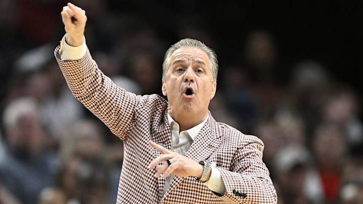Arkansas Razorbacks coach John Calipari in the first half against the High Point Panthers during a second round game of the men's 2026 NCAA Tournament at Moda Center.
