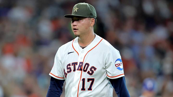 Houston Astros pitcher Kai-Wei Teng (17) walks to the dugout after retiring the side. Houston Astros pitcher Kai-Wei Teng (17) walks to the dugout after retiring the side.