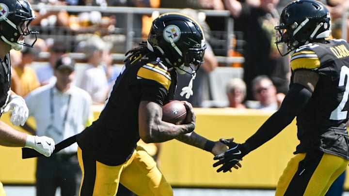 Sep 14, 2025; Pittsburgh, Pennsylvania, USA; Pittsburgh Steelers cornerback Jalen Ramsey (5) celebrates an interception with safety Chuck Clark (21) against the Seattle Seahawks during the first half at Acrisure Stadium. Mandatory Credit: Barry Reeger-Imagn Images