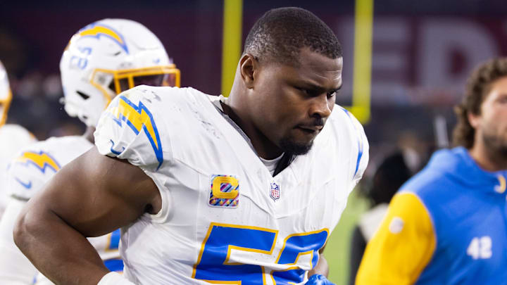 Oct 21, 2024; Glendale, Arizona, USA; Los Angeles Chargers linebacker Khalil Mack (52) against the Arizona Cardinals at State Farm Stadium. Mandatory Credit: Mark J. Rebilas-Imagn Images